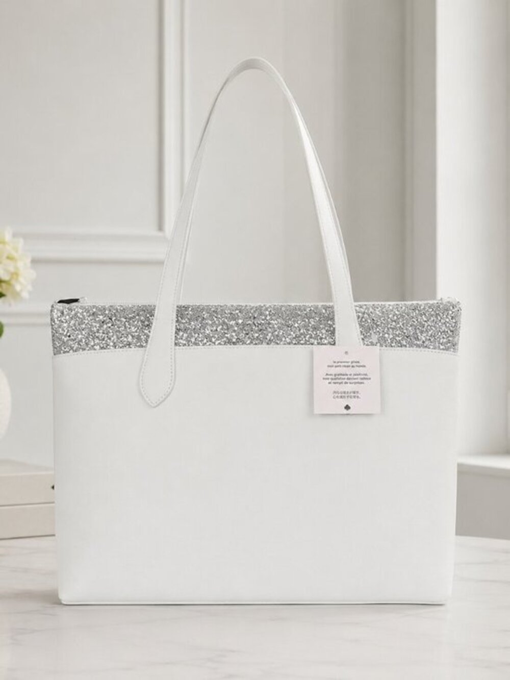 Kate Spade Flash Glitter Silver White Saffiano Tote NWT